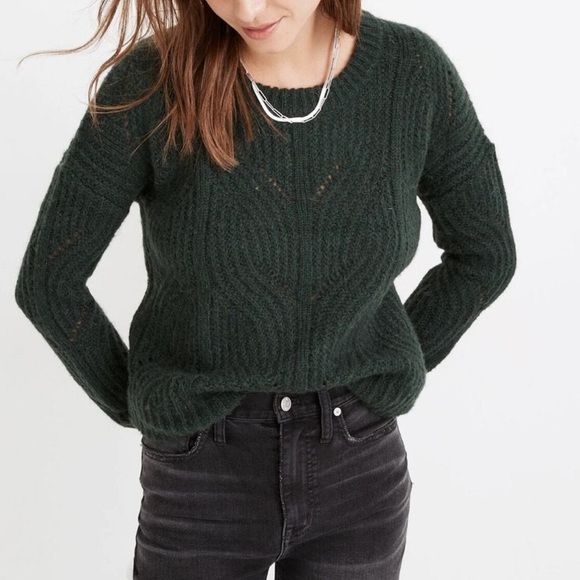 Madewell Charley Pointelle Cable Knit Pullover Alpaca Forest Green Sweater - Picture 1 of 6